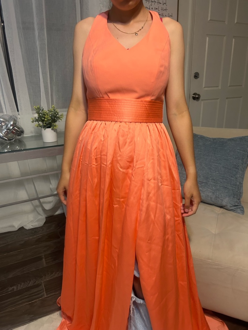 Vera Wang Coral Halter-Style Maxi Gown